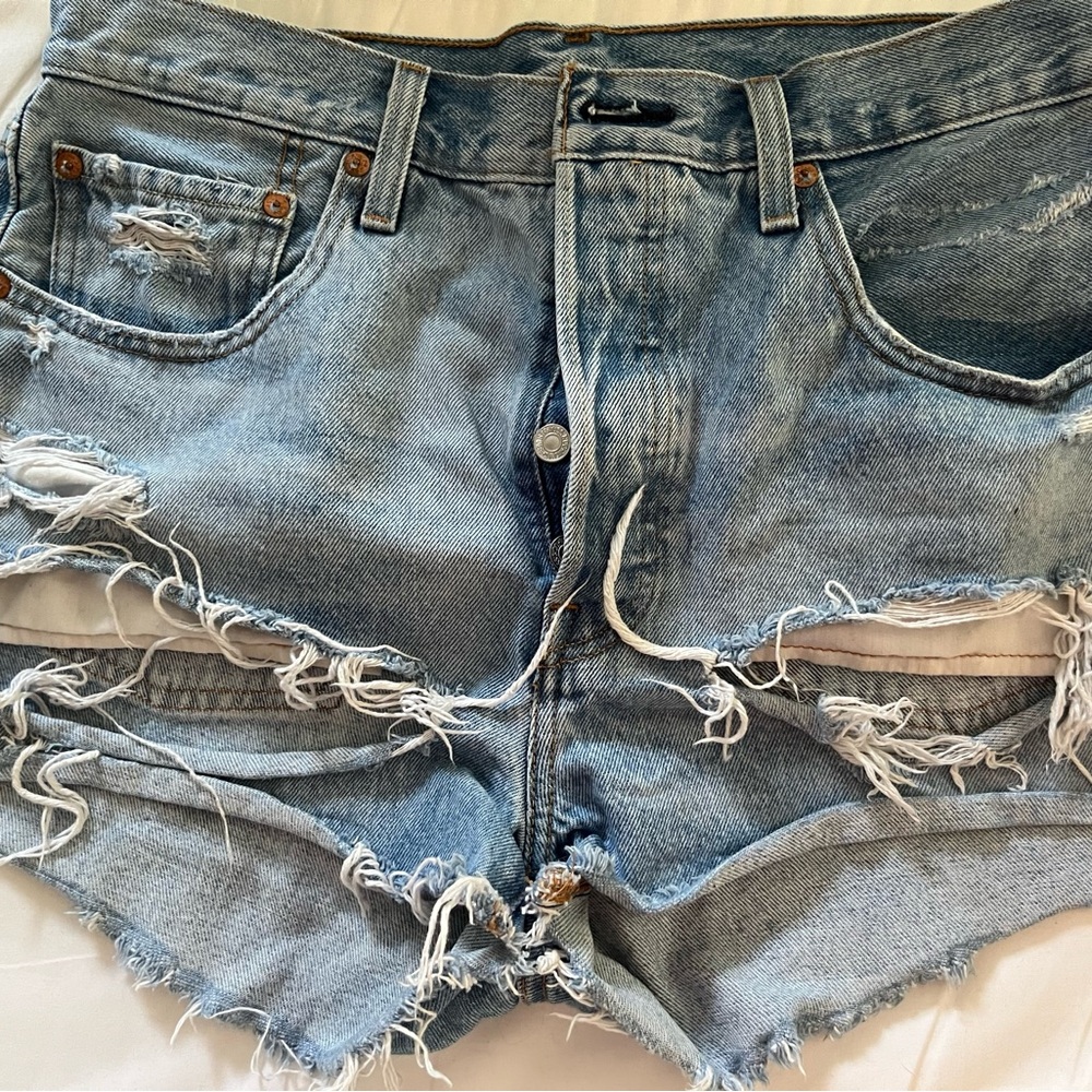 Levi's Blue Distressed Jean Shorts with Frayed Hem